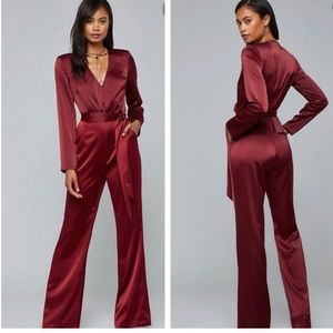 Bebe Surplice Satin Jumpsuit in Cabernet size 4